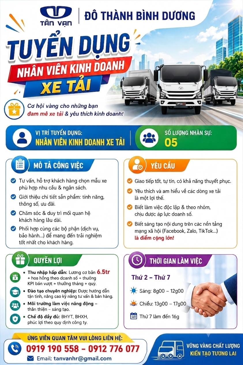 ***TUYỂN DỤNG NHÂN VIÊN KINH DOANH XE TẢI – ĐÔ THÀNH BÌNH DƯƠNG ***  THU NHẬP HẤP DẪN